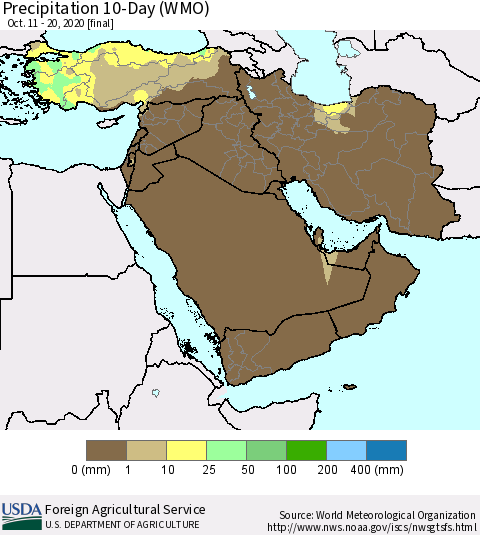 Middle East and Turkey Precipitation 10-Day (WMO) Thematic Map For 10/11/2020 - 10/20/2020