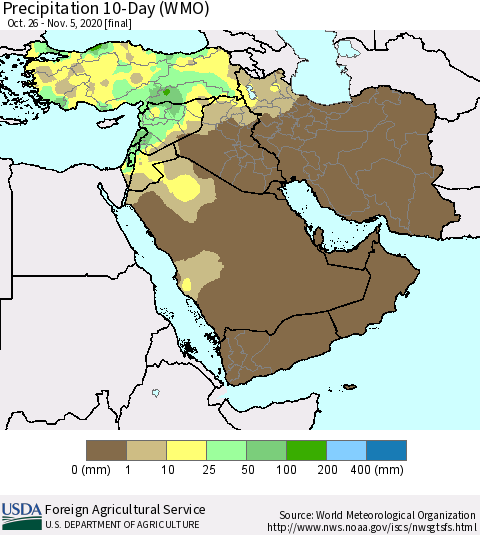 Middle East and Turkey Precipitation 10-Day (WMO) Thematic Map For 10/26/2020 - 11/5/2020