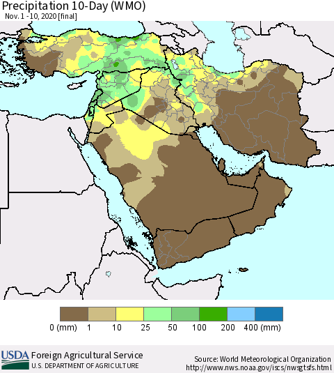 Middle East and Turkey Precipitation 10-Day (WMO) Thematic Map For 11/1/2020 - 11/10/2020