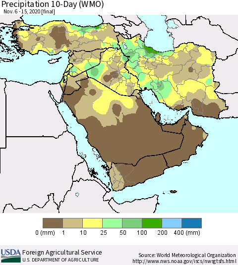 Middle East and Turkey Precipitation 10-Day (WMO) Thematic Map For 11/6/2020 - 11/15/2020