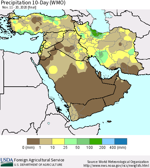 Middle East and Turkey Precipitation 10-Day (WMO) Thematic Map For 11/11/2020 - 11/20/2020