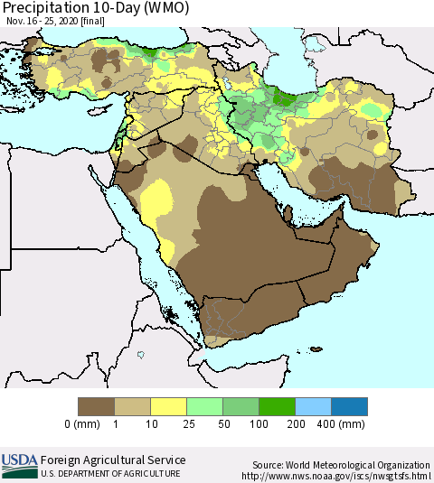 Middle East and Turkey Precipitation 10-Day (WMO) Thematic Map For 11/16/2020 - 11/25/2020
