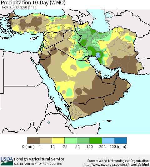 Middle East and Turkey Precipitation 10-Day (WMO) Thematic Map For 11/21/2020 - 11/30/2020