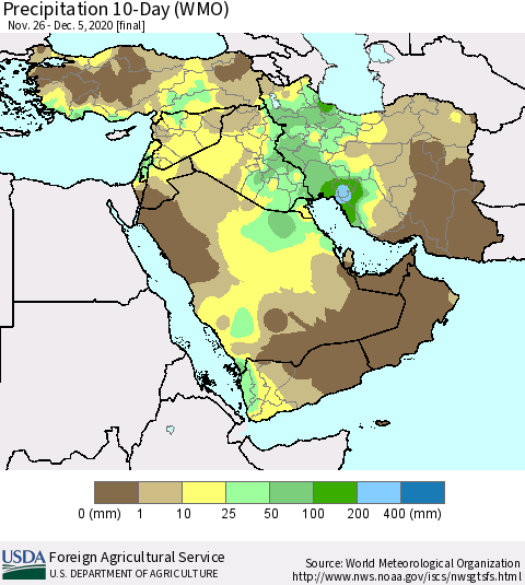 Middle East and Turkey Precipitation 10-Day (WMO) Thematic Map For 11/26/2020 - 12/5/2020