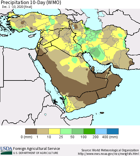 Middle East and Turkey Precipitation 10-Day (WMO) Thematic Map For 12/1/2020 - 12/10/2020