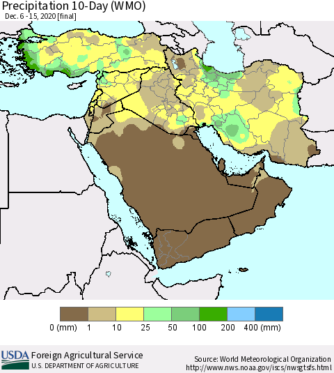 Middle East and Turkey Precipitation 10-Day (WMO) Thematic Map For 12/6/2020 - 12/15/2020