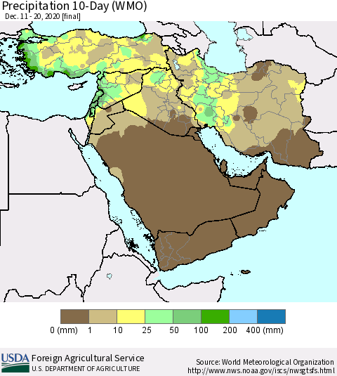 Middle East and Turkey Precipitation 10-Day (WMO) Thematic Map For 12/11/2020 - 12/20/2020