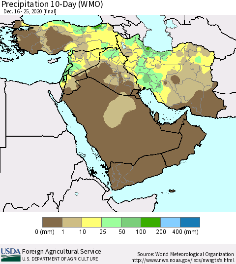 Middle East and Turkey Precipitation 10-Day (WMO) Thematic Map For 12/16/2020 - 12/25/2020