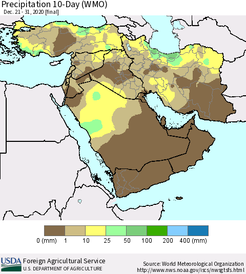 Middle East and Turkey Precipitation 10-Day (WMO) Thematic Map For 12/21/2020 - 12/31/2020
