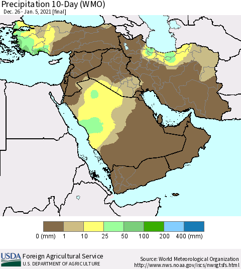 Middle East and Turkey Precipitation 10-Day (WMO) Thematic Map For 12/26/2020 - 1/5/2021