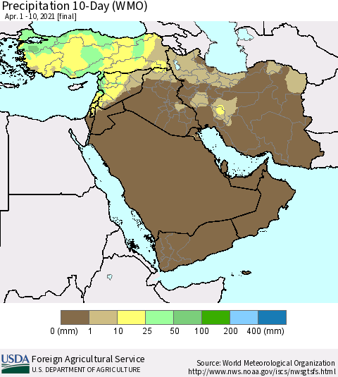 Middle East and Turkey Precipitation 10-Day (WMO) Thematic Map For 4/1/2021 - 4/10/2021