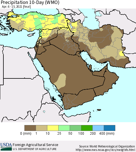 Middle East and Turkey Precipitation 10-Day (WMO) Thematic Map For 4/6/2021 - 4/15/2021