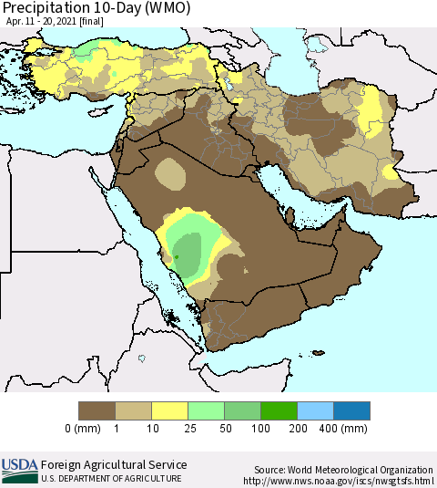 Middle East and Turkey Precipitation 10-Day (WMO) Thematic Map For 4/11/2021 - 4/20/2021