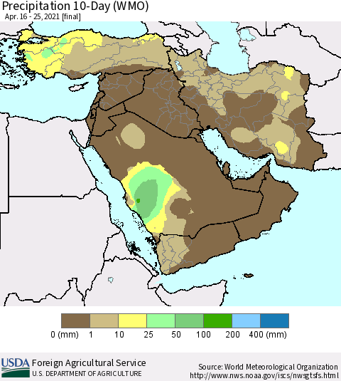 Middle East and Turkey Precipitation 10-Day (WMO) Thematic Map For 4/16/2021 - 4/25/2021