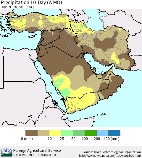 Middle East and Turkey Precipitation 10-Day (WMO) Thematic Map For 4/21/2021 - 4/30/2021
