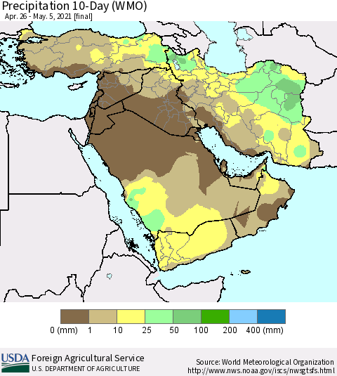 Middle East and Turkey Precipitation 10-Day (WMO) Thematic Map For 4/26/2021 - 5/5/2021