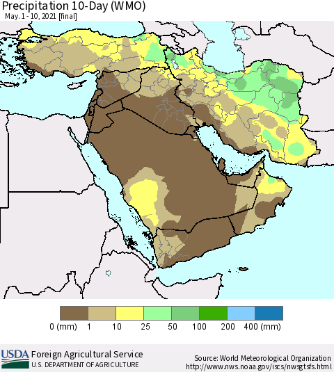 Middle East and Turkey Precipitation 10-Day (WMO) Thematic Map For 5/1/2021 - 5/10/2021