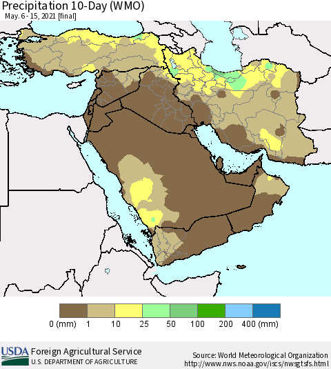 Middle East and Turkey Precipitation 10-Day (WMO) Thematic Map For 5/6/2021 - 5/15/2021