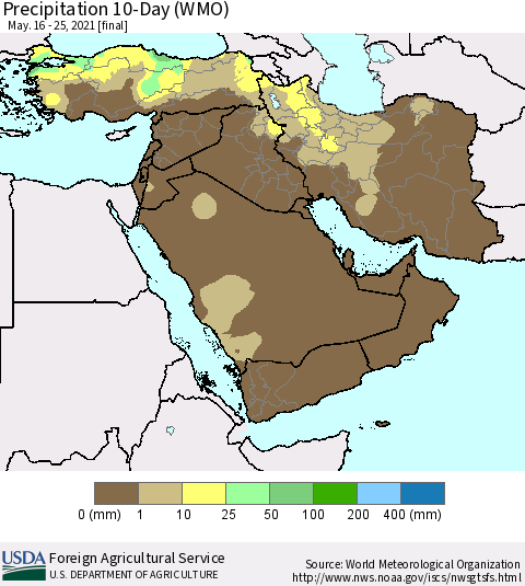 Middle East and Turkey Precipitation 10-Day (WMO) Thematic Map For 5/16/2021 - 5/25/2021