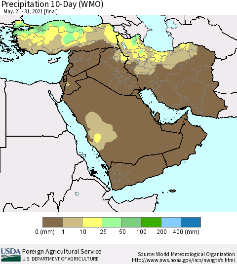 Middle East and Turkey Precipitation 10-Day (WMO) Thematic Map For 5/21/2021 - 5/31/2021
