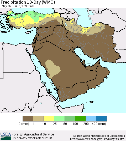 Middle East and Turkey Precipitation 10-Day (WMO) Thematic Map For 5/26/2021 - 6/5/2021