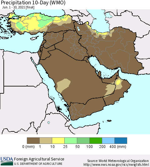 Middle East and Turkey Precipitation 10-Day (WMO) Thematic Map For 6/1/2021 - 6/10/2021