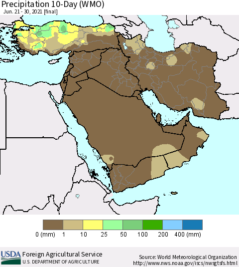 Middle East and Turkey Precipitation 10-Day (WMO) Thematic Map For 6/21/2021 - 6/30/2021