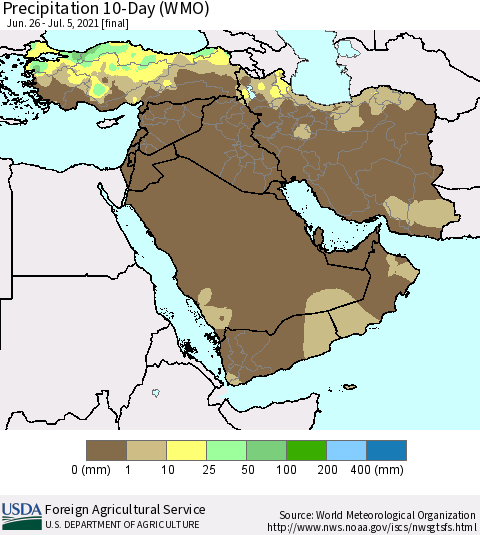 Middle East and Turkey Precipitation 10-Day (WMO) Thematic Map For 6/26/2021 - 7/5/2021