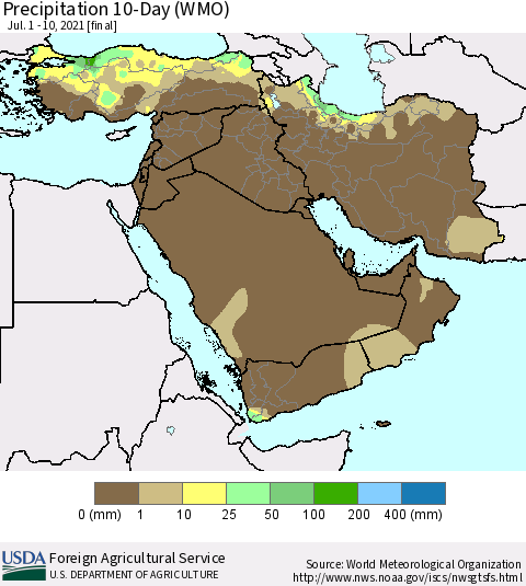 Middle East and Turkey Precipitation 10-Day (WMO) Thematic Map For 7/1/2021 - 7/10/2021