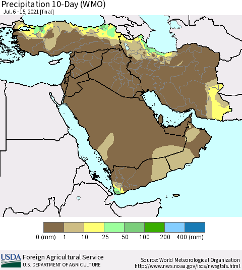 Middle East and Turkey Precipitation 10-Day (WMO) Thematic Map For 7/6/2021 - 7/15/2021