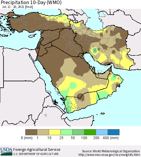 Middle East and Turkey Precipitation 10-Day (WMO) Thematic Map For 7/11/2021 - 7/20/2021
