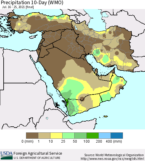 Middle East and Turkey Precipitation 10-Day (WMO) Thematic Map For 7/16/2021 - 7/25/2021