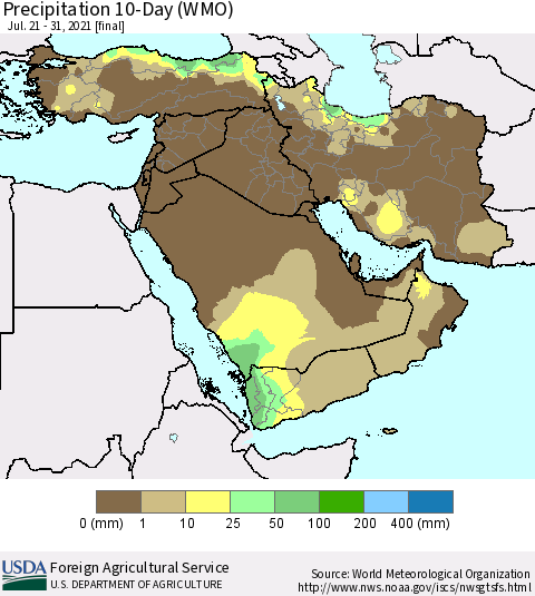 Middle East and Turkey Precipitation 10-Day (WMO) Thematic Map For 7/21/2021 - 7/31/2021