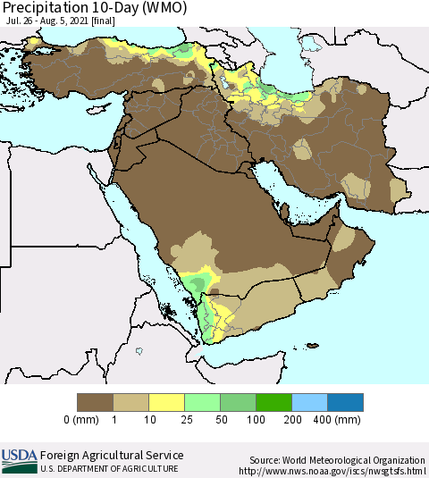 Middle East and Turkey Precipitation 10-Day (WMO) Thematic Map For 7/26/2021 - 8/5/2021