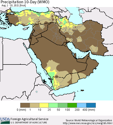 Middle East and Turkey Precipitation 10-Day (WMO) Thematic Map For 8/1/2021 - 8/10/2021