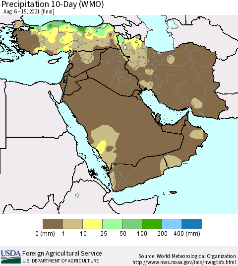 Middle East and Turkey Precipitation 10-Day (WMO) Thematic Map For 8/6/2021 - 8/15/2021