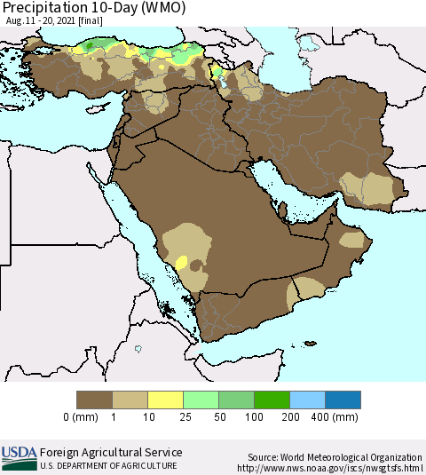 Middle East and Turkey Precipitation 10-Day (WMO) Thematic Map For 8/11/2021 - 8/20/2021