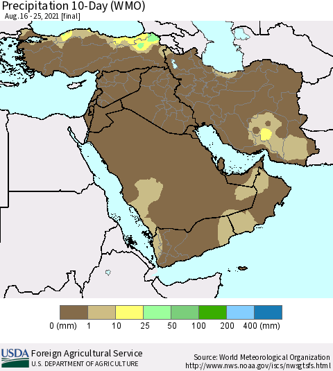 Middle East and Turkey Precipitation 10-Day (WMO) Thematic Map For 8/16/2021 - 8/25/2021