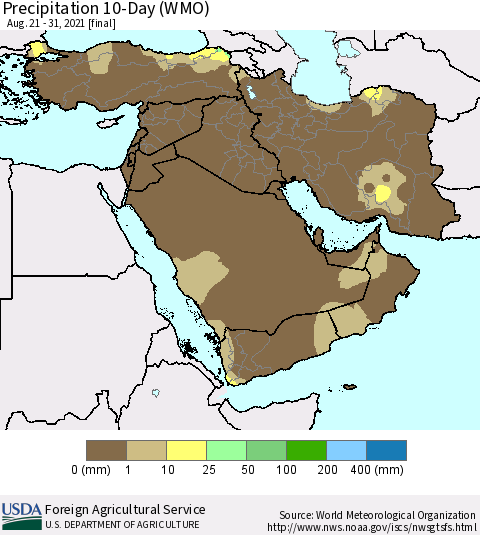 Middle East and Turkey Precipitation 10-Day (WMO) Thematic Map For 8/21/2021 - 8/31/2021