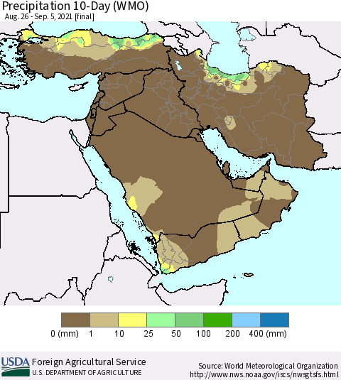 Middle East and Turkey Precipitation 10-Day (WMO) Thematic Map For 8/26/2021 - 9/5/2021