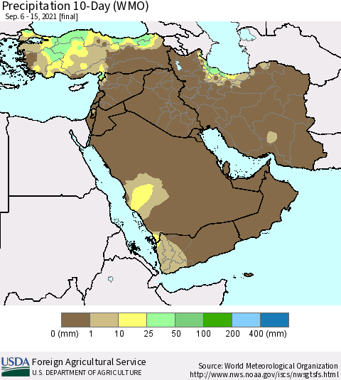 Middle East and Turkey Precipitation 10-Day (WMO) Thematic Map For 9/6/2021 - 9/15/2021