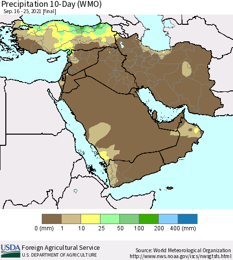 Middle East and Turkey Precipitation 10-Day (WMO) Thematic Map For 9/16/2021 - 9/25/2021