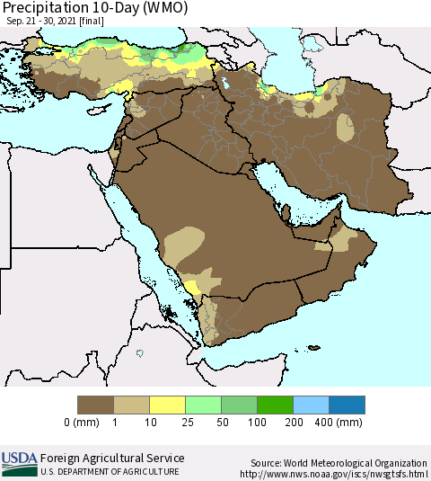 Middle East and Turkey Precipitation 10-Day (WMO) Thematic Map For 9/21/2021 - 9/30/2021