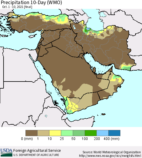 Middle East and Turkey Precipitation 10-Day (WMO) Thematic Map For 10/1/2021 - 10/10/2021