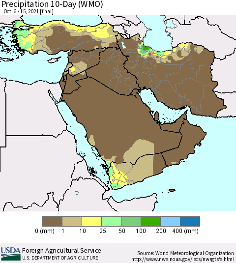 Middle East and Turkey Precipitation 10-Day (WMO) Thematic Map For 10/6/2021 - 10/15/2021
