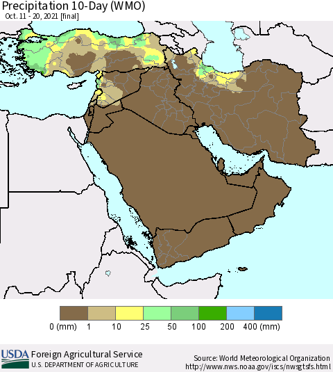 Middle East and Turkey Precipitation 10-Day (WMO) Thematic Map For 10/11/2021 - 10/20/2021