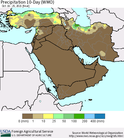 Middle East and Turkey Precipitation 10-Day (WMO) Thematic Map For 10/16/2021 - 10/25/2021
