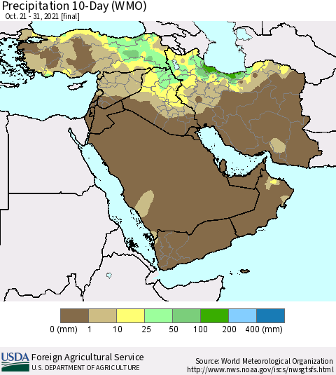 Middle East and Turkey Precipitation 10-Day (WMO) Thematic Map For 10/21/2021 - 10/31/2021