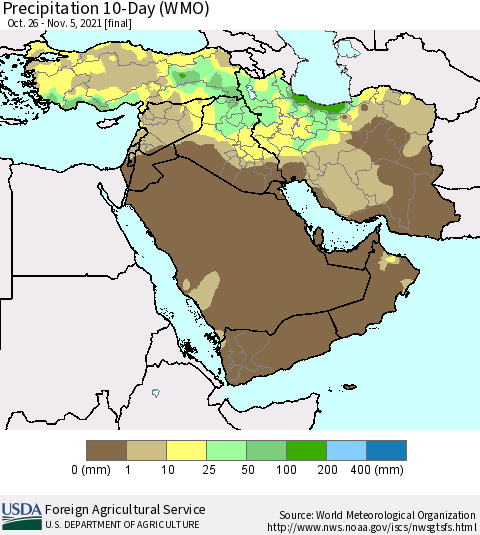 Middle East and Turkey Precipitation 10-Day (WMO) Thematic Map For 10/26/2021 - 11/5/2021