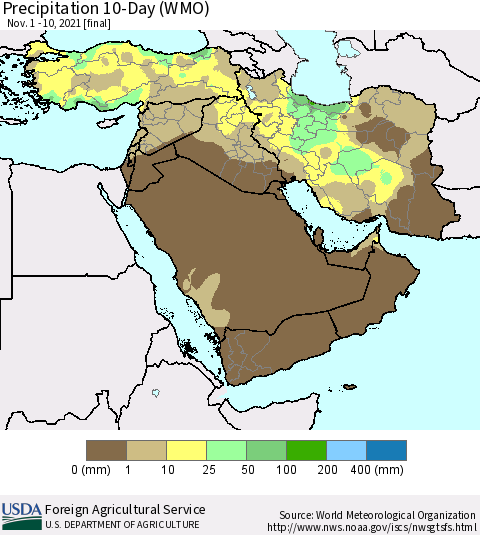 Middle East and Turkey Precipitation 10-Day (WMO) Thematic Map For 11/1/2021 - 11/10/2021